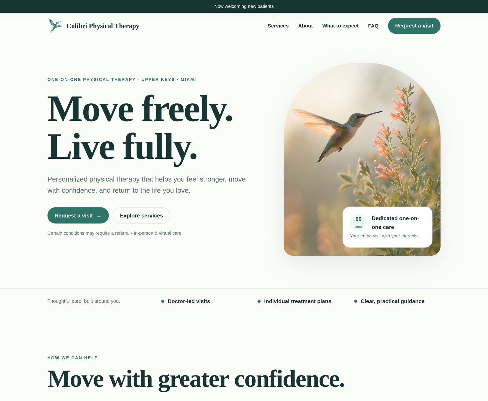 Colibri Physical Therapy homepage with a hummingbird hero image and visit-request button